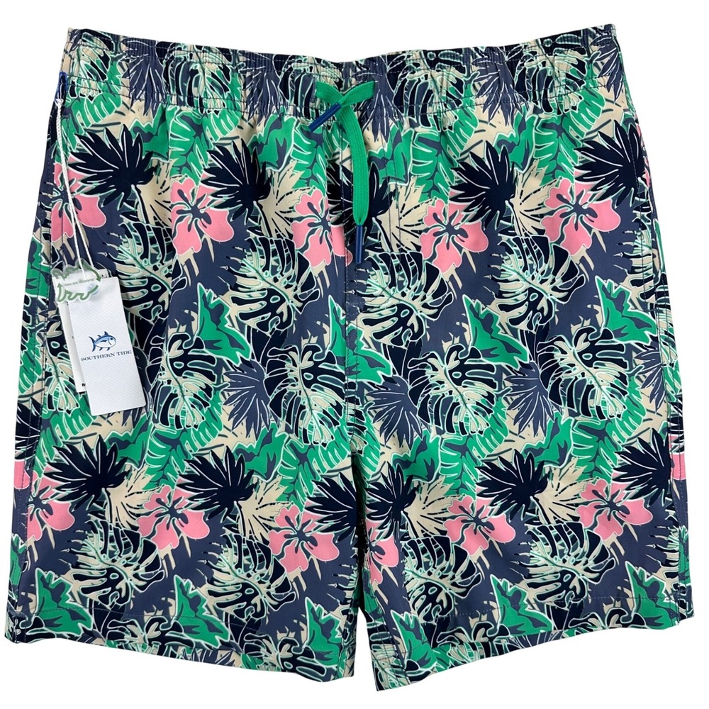 Southern Tide Boys XL 16 Simply Green Tropical Floral Swim Trunks Lined NEW
